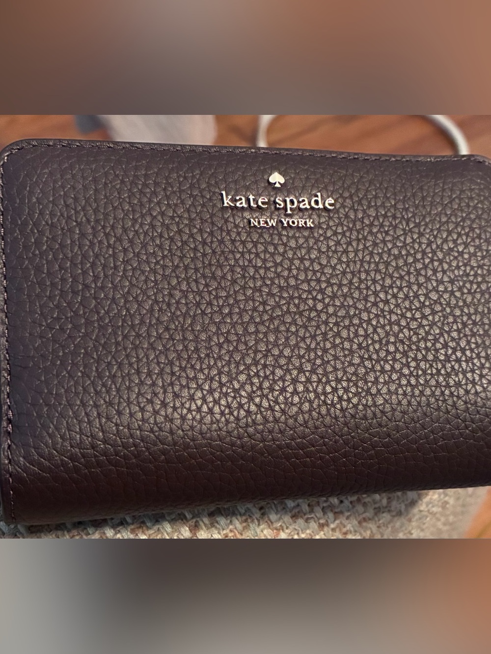 kate spade Pebbled Leather Wallet in Dark Brown with Gold Logo